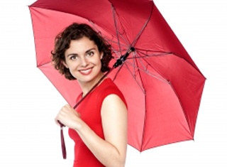 women smiling with red umbrella 